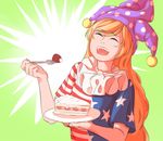  american_flag_dress bangs blonde_hair cake closed_eyes clownpiece commentary food foodgasm fork fruit hat jester_cap long_hair mefomefo neck_ruff open_mouth plate polka_dot short_sleeves smile solo star star_print strawberry strawberry_shortcake striped teeth touhou upper_body very_long_hair 