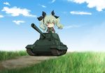  anchovy anzio_military_uniform carro_armato_p40 caterpillar_tracks chibi cloud day girls_und_panzer grass green_hair ground_vehicle jinguu_(4839ms) military military_uniform military_vehicle motor_vehicle red_eyes sky tank uniform 