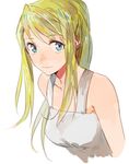  bare_shoulders blonde_hair blue_eyes earrings eyebrows_visible_through_hair fullmetal_alchemist jewelry long_hair looking_at_viewer ponytail riru shirt simple_background smile solo white_background white_shirt winry_rockbell 
