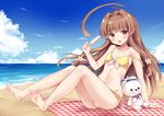  :d ahoge bare_arms bare_legs bare_shoulders barefoot beach bikini brown_eyes brown_hair collarbone day downscaled eyebrows_visible_through_hair fang food holding holding_food kantai_collection kuma_(kantai_collection) long_hair masayo_(gin_no_ame) md5_mismatch ocean open_mouth popsicle resized sitting smile solo stuffed_animal stuffed_toy swimsuit teddy_bear toes yellow_bikini 