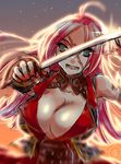  1girl ahoge blue_eyes breasts choker cleavage coat fate/extra fate_(series) long_hair open_mouth pink_hair rider_(fate/extra) scar sword weapon 