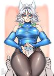  1girl alternate_costume bangs between_thighs black_legwear blue_eyes blue_leotard breasts bridal_gauntlets bright_pupils colored_eyelashes commentary_request cowboy_shot drooling grin hair_between_eyes hand_on_another's_face hand_on_another's_head happy headscissor highres hips izayoi_sakuya leotard maid_headdress medium_breasts pantyhose pink_background shiny shiny_clothes shiny_hair signature silver_hair smile squeezing tajima_yuuki taut_leotard thick_thighs thighband_pantyhose thighs thumbs_up touhou turtleneck white_pupils 