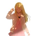  blonde_hair closed_eyes dappled_sunlight earrings eyebrows_visible_through_hair fullmetal_alchemist happy jacket jewelry long_hair outstretched_hand pink_shirt riru shirt simple_background smile solo sunlight white_background wind wind_lift winry_rockbell 