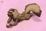  2017 5_fingers anthro banana breasts brown_fur butt chest_tuft claws digital_media_(artwork) digitigrade female flower flower_in_hair fluffy fluffy_tail food fruit full-length_portrait fur green_eyes holding_object hyena looking_at_viewer lying mammal mane nawka nipples nude on_front pink_background plant portrait raised_tail signature simple_background smile smirk solo striped_hyena toe_claws tuft whiskers wristband 
