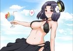  adapted_costume alternate_costume bikini bikini_day bikini_skirt black_bikini black_bikini_bottom breasts closed_mouth cloud commentary cup day drink drinking_glass hair_intakes heart holding holding_cup kantai_collection large_breasts looking_at_viewer mechanical_halo navel outdoors pink_eyes purple_hair skindentation sky smile solo spoken_heart swimsuit tatsuta_(kantai_collection) underbust yano_toshinori 
