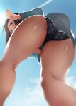  ass bikini blue_eyes blue_sky brown_hair cloud cloudy_sky covered_mouth day foreshortening from_below groin hairband idolmaster idolmaster_cinderella_girls kneepits looking_at_viewer looking_down nohito outdoors plaid plaid_bikini sagisawa_fumika sky solo swimsuit 