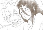  1girl arm_between_breasts aunt_and_nephew bed blush boruto:_naruto_next_generations eeshin_(eishin5584) half-closed_eyes heart hyuuga_hanabi implied_incest lineart long_hair looking_at_viewer lying naruto naruto_(series) on_back one_eye_closed pillow puckered_lips shirtless spot_color sweat topless uzumaki_boruto 