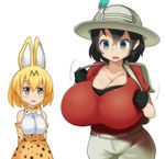  :d alternate_breast_size animal_ears animated animated_gif bag black_hair blonde_hair blue_eyes bow bowtie breast_envy breasts cleavage commentary hat_feather huge_breasts jealous kaban_(kemono_friends) kemono_friends multiple_girls open_mouth red_shirt serval_(kemono_friends) serval_ears serval_print serval_tail shaking shirt short_hair shorts simple_background sinensian smile tail white_background yellow_eyes 