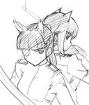  animal_ears back-to-back eyepatch fox_ears greyscale gun kaneda_akihiro monochrome multiple_girls open_mouth sakamoto_mio simple_background sketch smile strike_witches sword takei_junko uniform upper_body weapon world_witches_series 