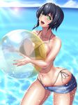  absurdres ball beachball black_hair blush breast_press breasts cleavage collarbone cowboy_shot denim denim_shorts green_eyes highres holding holding_ball large_breasts looking_at_viewer open_mouth original short_hair shorts smile solo swimsuit tama_(tamakaka1031) 