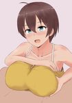  1girl ahoge bangs blush breasts brown_hair clothed_female_nude_male collarbone commentary_request cum cum_on_body cum_on_breasts cum_on_clothes cum_on_upper_body eyebrows_visible_through_hair green_eyes hetero highres large_breasts looking_at_viewer nao_(ritsancrossover) new_game! nude open_mouth paizuri paizuri_under_clothes shinoda_hajime shirt short_hair simple_background sleeveless sleeveless_shirt solo_focus yellow_shirt 