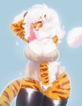  2017 anthro belayalapa big_breasts breasts buxbi_(character) cleavage clothed clothing feline hair hand_behind_head jewelry legwear long_hair looking_at_viewer mammal necklace solo standing stockings sweater thick_thighs thigh_highs tiger voluptuous white_hair wide_hips yellow_eyes 