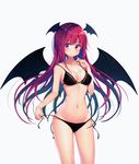  ass_visible_through_thighs bangs bikini black_bikini black_hair breasts cleavage commentary eyebrows_visible_through_hair head_wings highres koakuma koto_seori long_hair looking_at_viewer medium_breasts navel red_eyes red_hair side-tie_bikini simple_background solo standing stomach swimsuit touhou untied untied_bikini white_background 