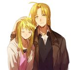  1girl blonde_hair closed_eyes coat couple edward_elric eyebrows_visible_through_hair formal fullmetal_alchemist hand_on_another's_head happy hetero jacket long_hair looking_at_another pink_shirt ponytail riru shirt simple_background smile suit vest white_background winry_rockbell yellow_eyes 