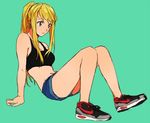  aqua_background bangs bare_arms bare_legs bare_shoulders blonde_hair blue_eyes closed_mouth expressionless eyebrows_visible_through_hair full_body fullmetal_alchemist long_hair looking_away ponytail riru shoes shorts sitting sneakers solo sports_bra winry_rockbell 