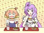  blonde_hair caesar_esaputra_sutrisna drooling fast_food food french_fries freyja_wion hamburger heart in-n-out_burger macross macross_delta mikumo_guynemer multicolored_hair multiple_girls open_mouth palm_tree purple_hair red_eyes seiyuu_connection side_ponytail source_request tree two-tone_hair 