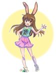  alternate_costume animal_ears brown_eyes brown_hair bunny_ears flower iesupa pink_skirt rwby shirt skirt sleeveless sleeveless_shirt translated velvet_scarlatina waving 