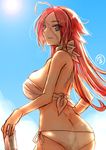  1girl ass back bare_shoulders bikini blue_eyes breasts fate/extra fate_(series) long_hair midriff pink_hair rider_(fate/extra) scar smile sun 