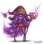  1girl animal_ears artist_name bare_legs breasts curvy dress fairy familiar full_body highres holding league_of_legends long_hair looking_at_viewer lulu_(league_of_legends) matching_hair/eyes mayhem messy_hair pix pointy_ears pointy_hair purple_eyes purple_hair purple_skin robe simple_background small_breasts smile staff standing very_long_hair white_background witch_hat wizard_hat yordle 