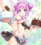 blue_eyes blush bracelet breasts cake candle cleavage double_bun eyebrows_visible_through_hair food fork headdress holding holding_plate jewelry large_breasts looking_at_viewer maid_bikini maid_headdress na53 navel original pink_hair plate short_hair smile solo spoon tongue tongue_out 