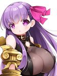  1girl bare_shoulders breasts cleavage collar fate/extra fate/extra_ccc fate/grand_order fate_(series) female gauntlets hair_ornament hair_ribbon hakuari_(hina) huge_breasts long_hair looking_at_viewer passion_lip purple_eyes purple_hair ribbon see-through solo upper_body very_long_hair 