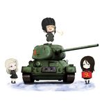  black_hair blonde_hair blue_eyes caterpillar_tracks chibi clara_(girls_und_panzer) emblem girls_und_panzer ground_vehicle jinguu_(4839ms) katyusha military military_uniform military_vehicle motor_vehicle multiple_girls nonna pravda_(emblem) pravda_military_uniform t-34-85 tank uniform white_background 