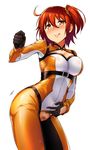  :q ahoge belt black_gloves blush bodysuit breasts cleavage cleavage_cutout fate/grand_order fate_(series) fig_sign fujimaru_ritsuka_(female) gloves hair_ornament hair_scrunchie highres medium_breasts mikawaya orange_eyes orange_hair orange_scrunchie pubic_hair pussy_cutout scrunchie short_hair side_ponytail simple_background smile solo tongue tongue_out white_background 