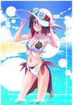  beach bikini breasts cleavage commentary day english_commentary floral_print flower front-tie_bikini front-tie_top hat hat_flower iesupa mature medium_breasts navel outdoors panties red_hair rwby scrunchie silver_eyes smile solo summer_rose sun_hat swimsuit towel_around_waist underwear wading water white_bikini white_panties wrist_scrunchie 