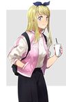  backpack bag blonde_hair blue_eyes blue_nails bow cup earrings eyebrows_visible_through_hair fullmetal_alchemist grey_background hair_bow hands_in_pockets jacket jewelry long_hair looking_at_viewer nail_polish pants pink_jacket riru shirt simple_background smile solo white_background white_shirt winry_rockbell 