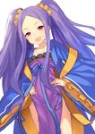  bow chinese_clothes dress fate/grand_order fate_(series) hajime_kaname hands_on_hips hanfu long_hair long_sleeves open_clothes open_mouth pelvic_curtain purple_dress purple_eyes purple_hair sash scrunchie shawl smile solo twintails very_long_hair wide_sleeves wu_zetian_(fate/grand_order) 