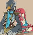  anthro avian beak black_feathers breath_of_the_wild duo eyes_410 eyes_closed feathers female green_eyes jewelry male mipha nintendo revali rito scarf simple_background sleeping tan_background the_legend_of_zelda video_games zora 