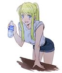  bangs blonde_hair blue_eyes blush bottle earrings eyebrows_visible_through_hair fullmetal_alchemist hand_on_table jewelry long_hair looking_away open_mouth pocari_sweat ponytail riru shirt shorts simple_background sleeves_rolled_up smile solo sweat water_bottle white_background white_shirt winry_rockbell 
