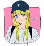  backpack bag baseball_cap blonde_hair blue_eyes blush character_name eyebrows_visible_through_hair flamel_symbol fullmetal_alchemist hat long_hair looking_away pink_background riru shirt simple_background smile solo white_background white_shirt winry_rockbell 