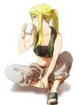  bangs bare_arms bare_shoulders blonde_hair blue_eyes cup drinking earrings eyebrows_visible_through_hair full_body fullmetal_alchemist jewelry long_hair looking_away pants ponytail rag riru sandals simple_background solo tank_top white_background winry_rockbell 