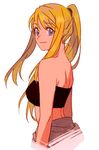  bangs bare_arms bare_shoulders blonde_hair blue_eyes earrings fullmetal_alchemist jewelry long_hair looking_at_viewer looking_back ponytail riru simple_background smile solo tank_top white_background winry_rockbell 