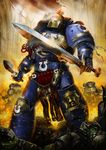  armor dual_wielding gladius helmet highres holding holding_sword holding_weapon john_stone_art orc pennant power_armor solo_focus sword warhammer_40k weapon 