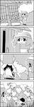  4koma animal_ears bow carrying_overhead cirno comic commentary_request door futatsuiwa_mamizou glasses greyscale hair_bow hat highres letty_whiterock monochrome person_on_tail pince-nez raccoon_ears raccoon_tail scarf short_hair shoujo_kitou-chuu smile tail tani_takeshi touhou translation_request watering watering_can yukkuri_shiteitte_ne 