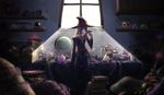  blue_hat brown_hair fish_tank globe hat highres htank little_witch_academia long_hair looking_away pale_skin red_eyes shelf sitting skull solo sucy_manbavaran witch_hat 