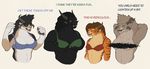  2016 anthro blue_eyes bra breasts charr clothing dialogue english_text feline female fuzzikayu group guild_wars holding_breast horn mammal multi_ear text underwear video_games yellow_eyes 