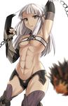 abs armpits ass_visible_through_thighs braid breasts chain cowboy_shot detached_collar elbow_gloves fate/grand_order fate_(series) gloves long_hair looking_at_viewer medium_breasts muscle muscular_female navel parted_lips penthesilea_(fate/grand_order) shiseki_hirame shorts silver_hair simple_background solo standing thighhighs throwing underboob weapon white_background 