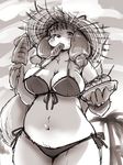  anthro big_breasts bikini breasts canine cleavage clothed clothing eating female food fox hat looking_at_viewer mammal monochrome outside pigtails setouchi_kurage slightly_chubby solo standing swimsuit thick_thighs 