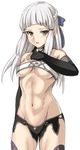 abs braid breasts cowboy_shot detached_collar elbow_gloves fate/grand_order fate_(series) gloves hand_on_own_chest jitome long_hair looking_at_viewer medium_breasts muscle muscular_female navel parted_lips penthesilea_(fate/grand_order) shiseki_hirame shorts silver_hair simple_background solo standing thighhighs underboob white_background 
