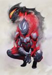  aura blue_eyes father_and_son highres holding_arm male_focus multiple_boys muscle orange_eyes smoke squatting ultra_series ultraman_belial ultraman_geed ultraman_geed_(series) zeze 