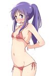  adjusting_clothes adjusting_swimsuit armpits arms_behind_back bangs bikini bikini_day blush breasts cameltoe collarbone commentary cowboy_shot embarrassed eyebrows_visible_through_hair flying_sweatdrops full-face_blush hinata_yukari long_hair looking_at_viewer mel_(melty_pot) navel open_mouth ponytail purple_eyes purple_hair red_bikini side-tie_bikini sidelocks simple_background small_breasts solo standing stomach sweat swimsuit untied untied_bikini white_background yuyushiki 