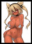  :/ bare_arms bare_legs bare_shoulders bikini blonde_hair blush breasts choker commentary_request contrapposto cowboy_shot dark_skin frilled_bikini_top frills frown fukurou_(owl222) glasses hairband hand_on_hip highres huge_breasts kantai_collection letterboxed long_hair looking_at_viewer musashi_(kantai_collection) navel red_eyes simple_background solo standing sweatdrop swimsuit twintails v-shaped_eyebrows white_background white_bikini windowboxed 