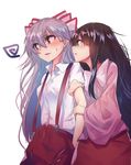  arm_grab asuzemu black_hair bow brown_eyes fujiwara_no_mokou hair_bow houraisan_kaguya long_hair long_sleeves looking_at_another looking_away multiple_girls parted_lips red_eyes shirt short_sleeves silver_hair suspenders sweat sweatdrop touhou white_bow white_shirt yuri 