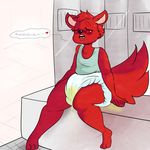  ambiguous_gender anthro blush clothed clothing diaper drooling english_text fur leaky_diaper mammal omorashi open_mouth peeing red_fur saliva solo tabitabi text urine watersports wet_diaper wetting 