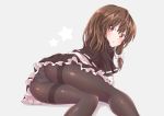  1girl absurdres ass bad_proportions bangs black_capelet black_legwear black_skirt bow brown_eyes brown_hair capelet commentary_request from_behind grey_background hair_bow highres long_hair looking_at_viewer looking_back lying miniskirt on_side panties panties_under_pantyhose pantyhose ramie_(ramie541) revision shirt simple_background skirt solo star thighband_pantyhose touhou underwear usami_renko white_bow white_shirt 