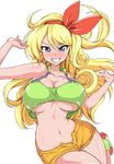  aoiakira553 bare_shoulders blonde_hair blue_eyes blush bouncing_breasts breasts cleavage collarbone curly_hair dragon_ball dragon_ball_(classic) grin hairband large_breasts leg_up long_hair looking_at_viewer lunch_(dragon_ball) midriff navel open_clothes open_shorts orange_shorts shiny shiny_skin shorts sleeveless smile solo underboob white_background 