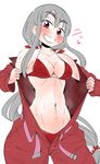  alternate_costume bikini bow breasts cleavage flashing fujiwara_no_mokou highres jumpsuit long_hair medium_breasts ponytail solo swimsuit takeu thick_eyebrows touhou 